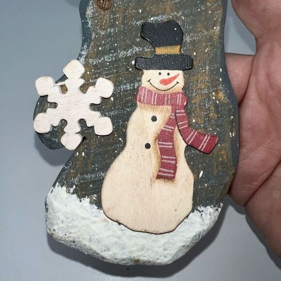 Rustic “Let it Snow” Handmade‎ Wooden Snowman Stocking Christmas Ornament - Picture 5 of 7